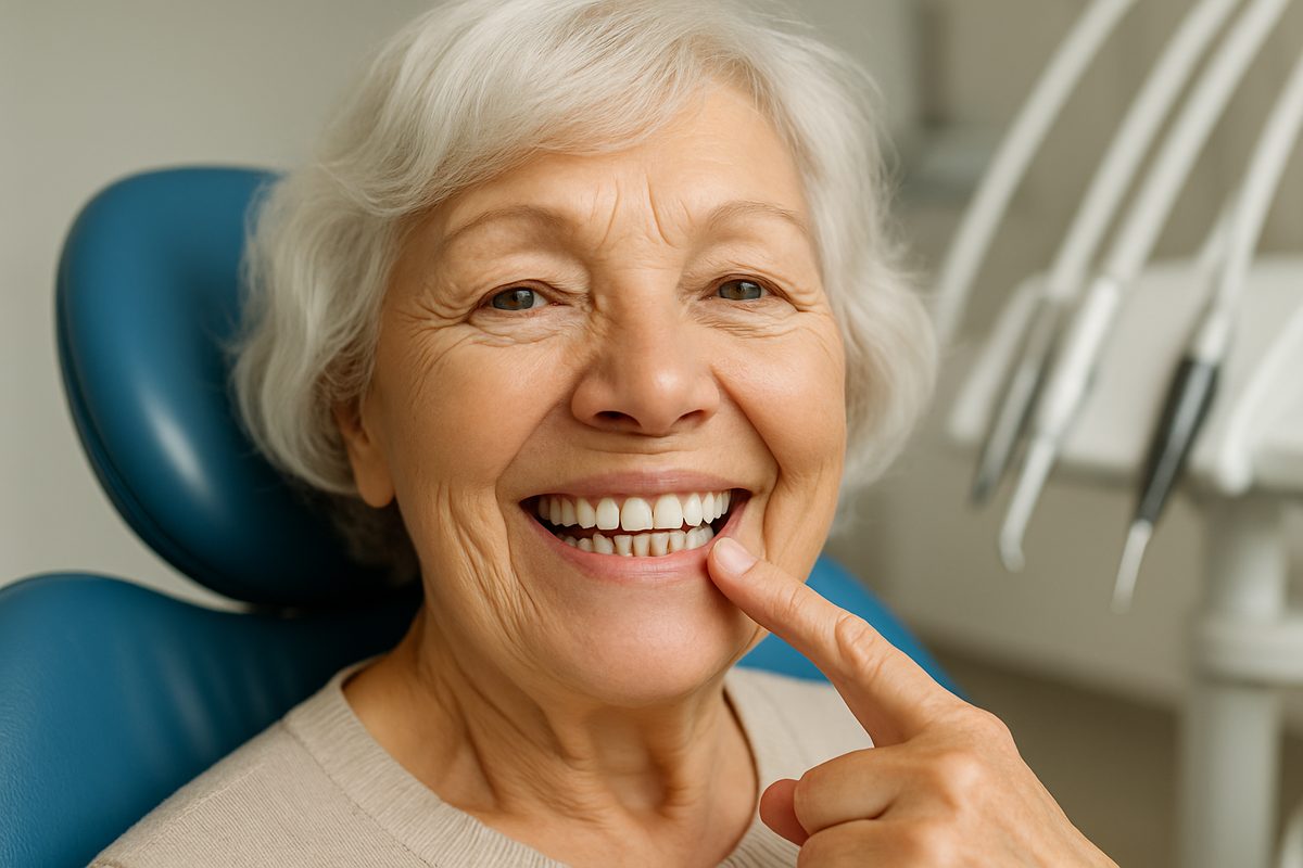 A close up of a smiling senior woman pointing to her dental implant in a dentist's chair, showcasing the longevity of dental implants. No text on image.